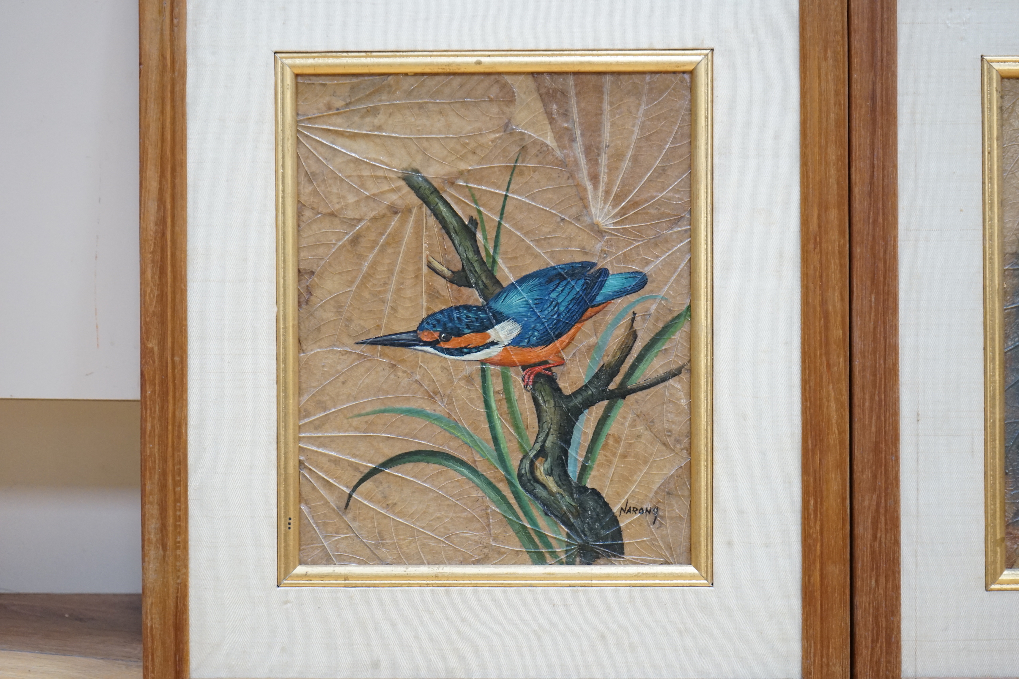 Narong, pair of Thai oil paintings on leaves, Kingfisher and Tawny owl, each signed, 24 x 20cm
